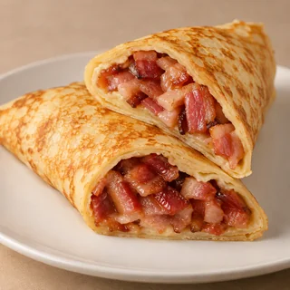 Panqueca de Bacon — imagem ilustrativa da panqueca cortada com recheio de Bacon