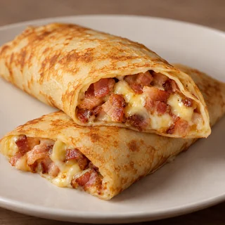 Panqueca de Bacon com queijo — imagem ilustrativa da panqueca cortada com recheio de Bacon, queijo