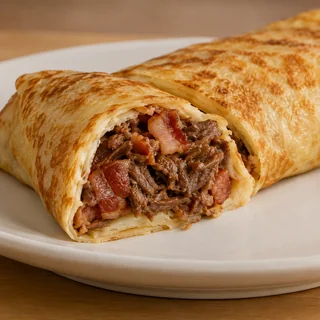 Panqueca de Bacon com carne — imagem ilustrativa da panqueca cortada com recheio de Bacon, carne