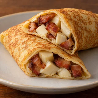 Panqueca de Bacon com palmito — imagem ilustrativa da panqueca cortada com recheio de Bacon, palmito