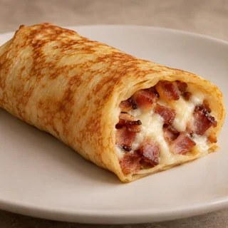 Panqueca de Bacon com catupiry — imagem ilustrativa da panqueca cortada com recheio de Bacon, catupiry