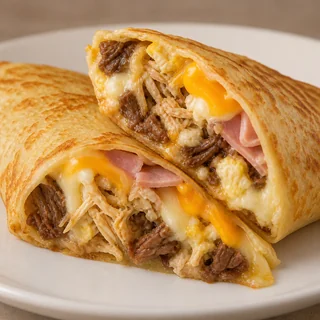 Panqueca de Borólios — imagem ilustrativa da panqueca cortada com recheio de Frango, carne, ovo, presunto, queijo, catupiry e cheddar