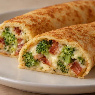 Panqueca de Brócolis, queijo e bacon — imagem ilustrativa da panqueca cortada com recheio de Brócolis, queijo, bacon