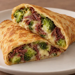 Panqueca de Brócolis, queijo e carne seca — imagem ilustrativa da panqueca cortada com recheio de Brócolis, queijo, carne seca