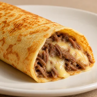 Panqueca de Carne com queijo — imagem ilustrativa da panqueca cortada com recheio de Carne, queijo