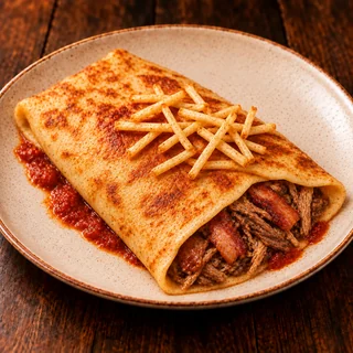 Panqueca de Bacon com carne — fotografia gastronômica da panqueca com recheio de Bacon, carne