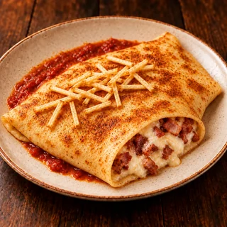 Panqueca de Bacon com catupiry — fotografia gastronômica da panqueca com recheio de Bacon, catupiry