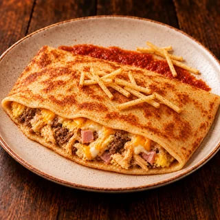 Panqueca de Borólios — fotografia gastronômica da panqueca com recheio de Frango, carne, ovo, presunto, queijo, catupiry e cheddar