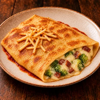 Panqueca de Brócolis, queijo e bacon — fotografia gastronômica da panqueca com recheio de Brócolis, queijo, bacon