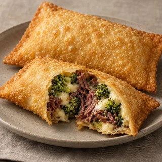 Pastel de Brócolis, queijo e carne seca — imagem ilustrativa; Brócolis, queijo, carne seca